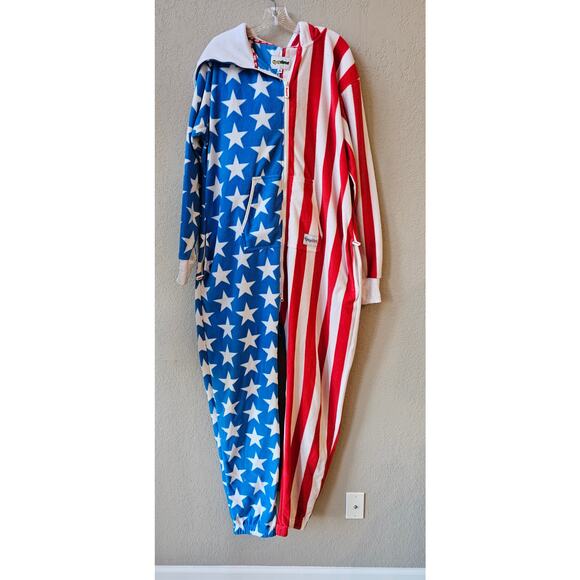 Tipsy Elves American Flag Fleece Hooded 1 pc Jumpsuit Patriotic Party Mens XL - Picture 1 of 5